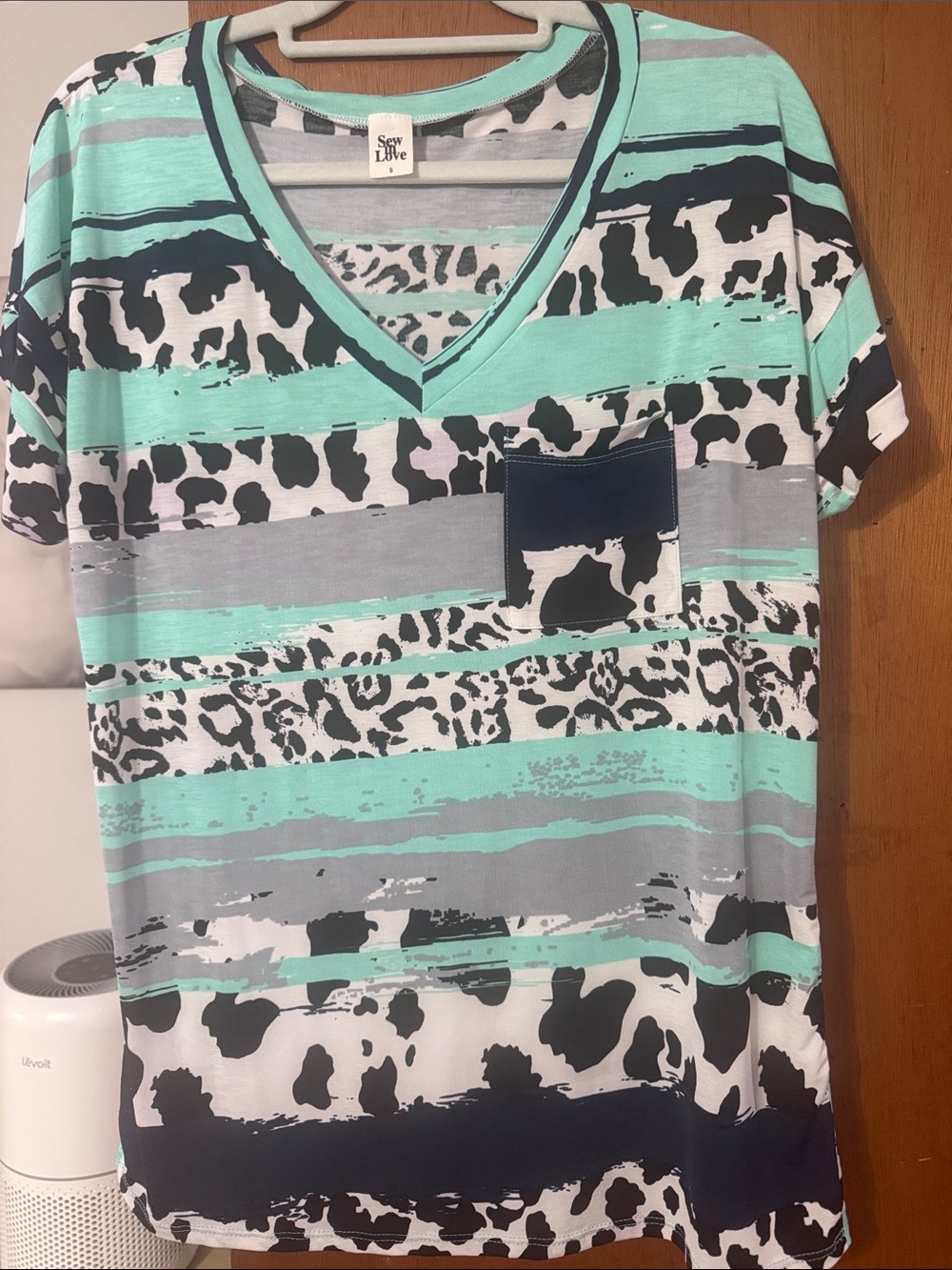 Mint Stripe & Animal Print V-Neck Top
